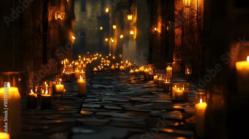 53. A dark alley lined with flickering candles and shadows, creating a spooky atmosphere