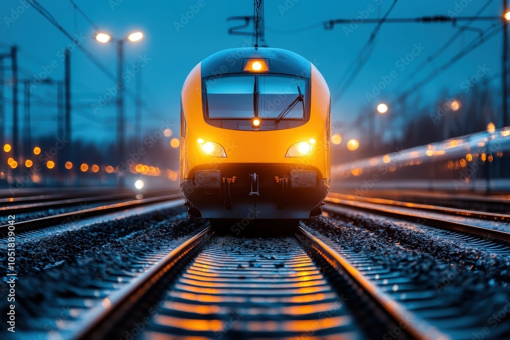 Naklejka premium The image captures a modern train illuminated by vibrant lights speeding along tracks during twilight, evoking a sense of motion and future technology advancements.
