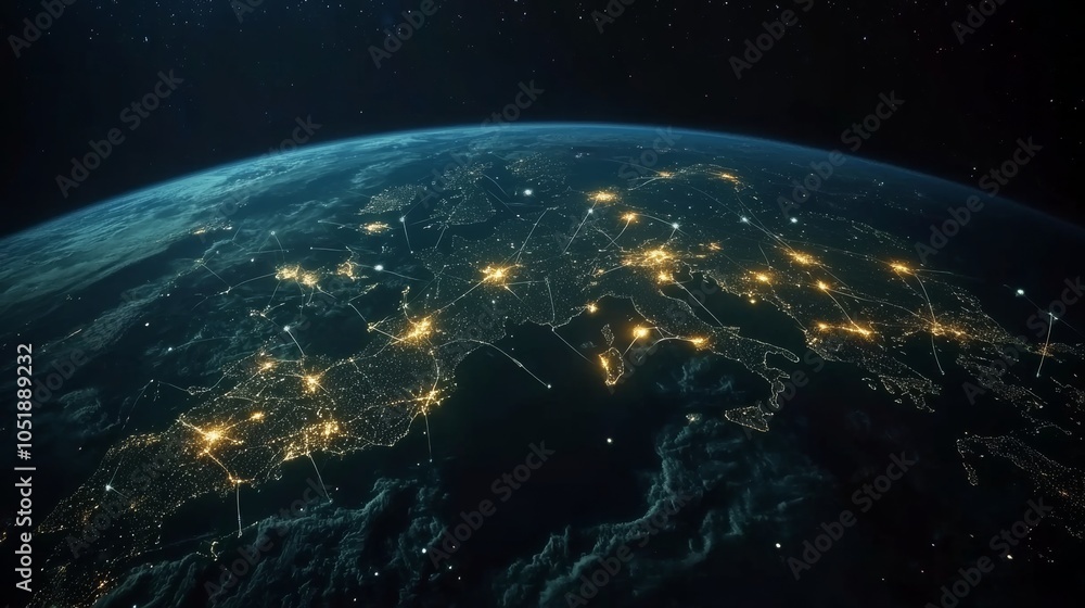 Obraz premium World map, global network, and connectivity concept. Glowing connections between cities on Earth in space with a night sky background.