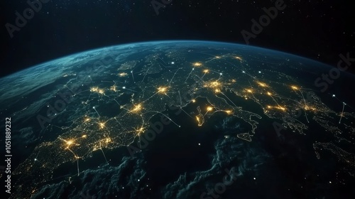 World map, global network, and connectivity concept. Glowing connections between cities on Earth in space with a night sky background.