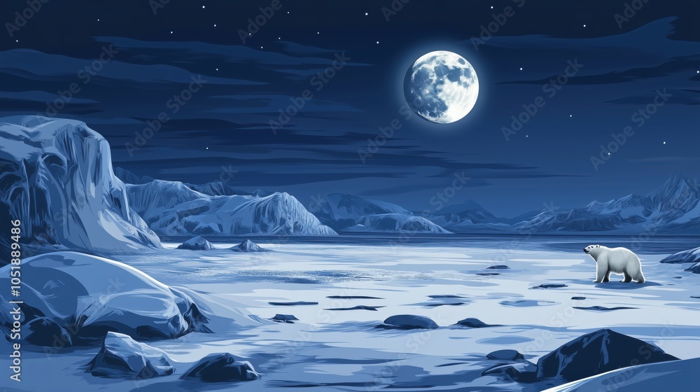 Obraz premium Polar bear in moonlit Arctic landscape, icy terrain, serene night sky