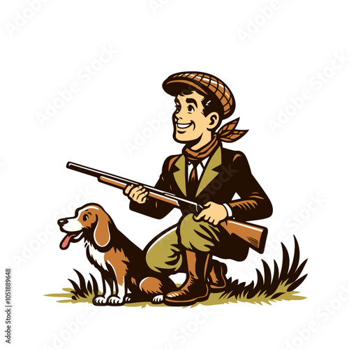 retro cartoon hunter with a god hunting isolated vector illustration