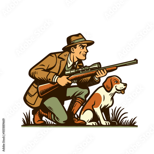 retro cartoon hunter with a god hunting isolated vector illustration