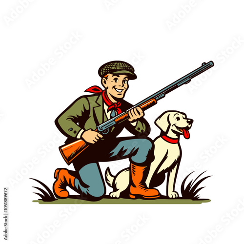 retro cartoon hunter with a god hunting isolated vector illustration
