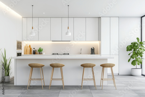 Modern kitchen with minimalist design featuring white cabinetry, spacious island, and stylish bar stools. bright space is enhanced by natural light and greenery