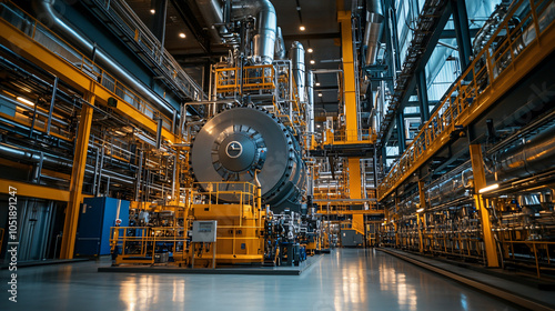 High tech factory interior showcasing advanced fuel processing machinery, featuring intricate piping and industrial design. environment reflects innovation and efficiency