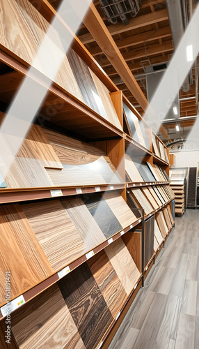 Wood laminate flooring samples displayed on shelves in hardware store isolated with white highlights, png photo