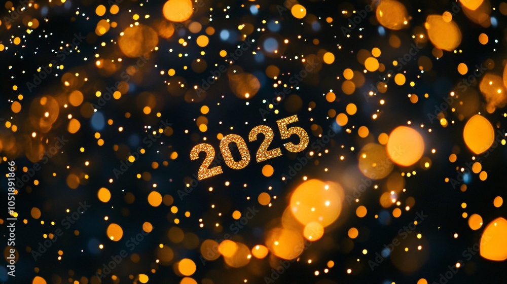Obraz premium An elegant illustration featuring golden sparkles and bright lights, perfect for celebrating the New Year 2025. Ideal for festive designs and invitations.