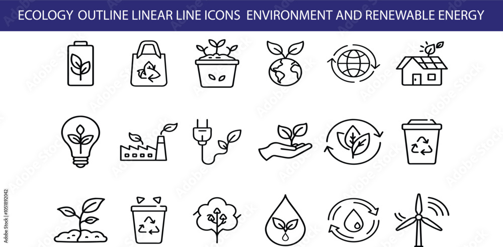 A set of 18 black and white line icons representing various aspects of ecology, environment, and renewable energy, including plants, recycling, solar panels, and wind turbines. A set of 18 black and white line icons representing various aspects of ecology, environment, and renewable energy, including plants, recycling, solar panels, and wind turbines.