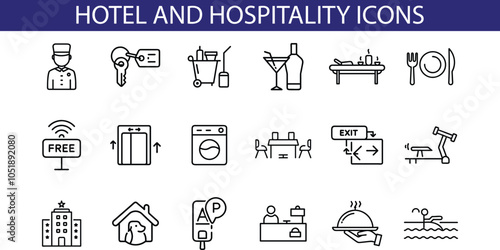 Hotel and Hospitality Line Icon Set Design