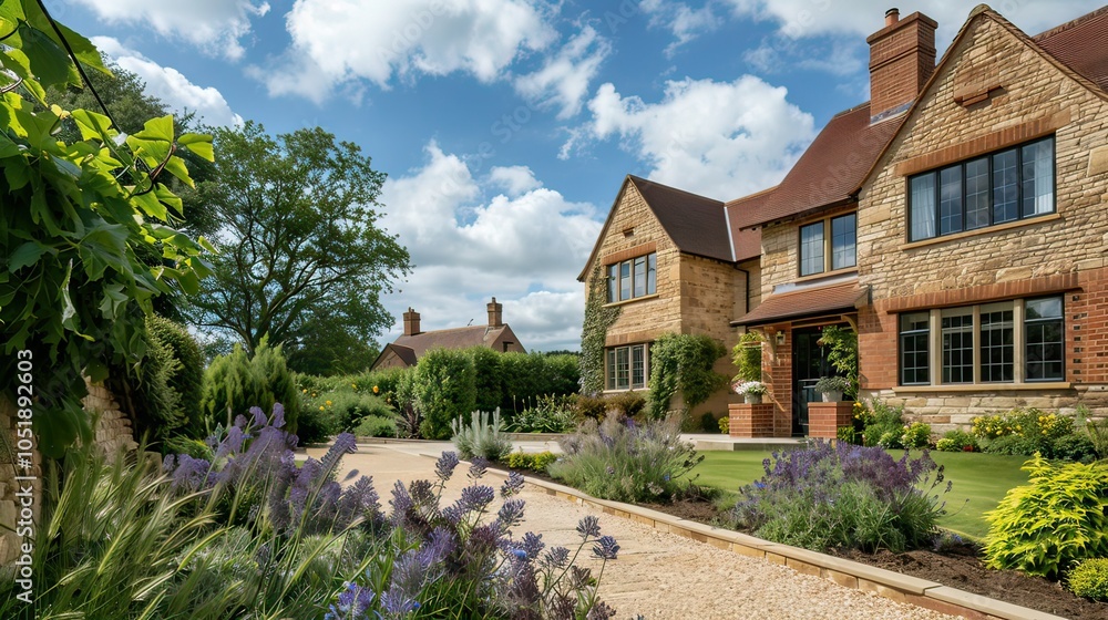 Landscaped front gardens of newly built houses with flowers and shrubs in an English setting. Landscaped front gardens of newly built houses with flowers and shrubs in an English setting.