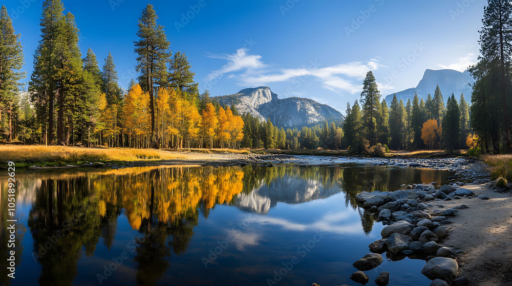 Fototapeta premium Crystal-clear stream cascades through a lush, mountainous forest, painting a serene landscape