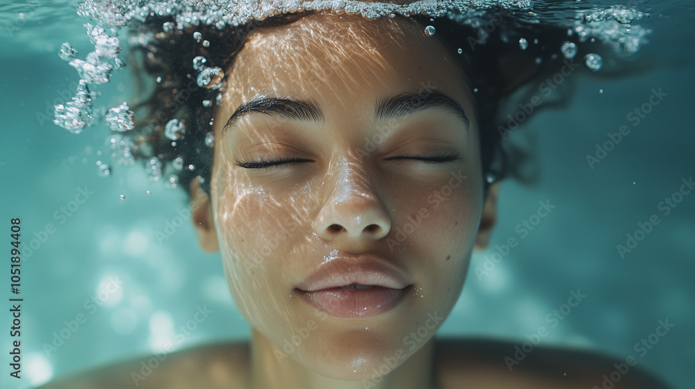 Close-Up Underwater Portrait Of A Woman With Eyes Closed Natural Lighting And Bubbles Close-Up Underwater Portrait Of A Woman With Eyes Closed Natural Lighting And Bubbles