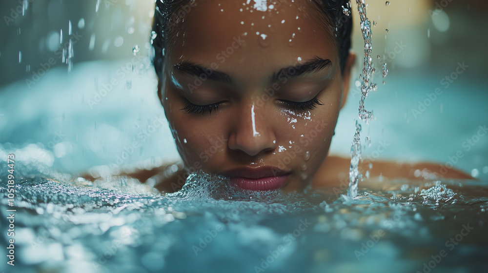 Underwater Headshot Of A Woman With Eyes Closed Calm Water Flow Underwater Headshot Of A Woman With Eyes Closed Calm Water Flow