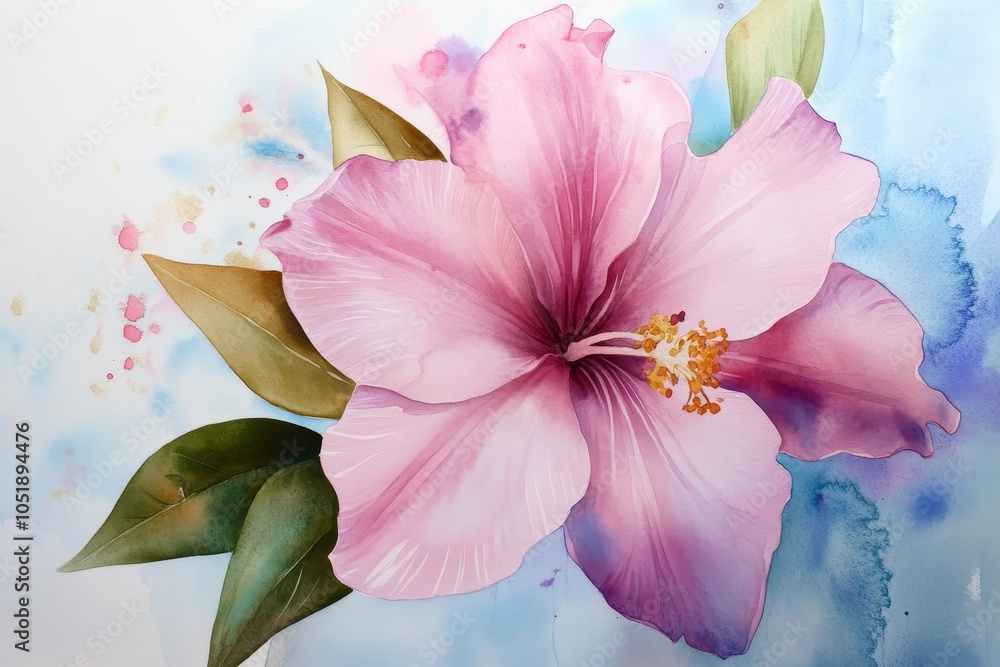 A Stunning Hibiscus Bloom: Nature's Artistry Captured in Vibrant Watercolors and Soft Pastel Hues, Evoking Serenity and Beauty in Every Stroke. A Stunning Hibiscus Bloom: Nature's Artistry Captured in Vibrant Watercolors and Soft Pastel Hues, Evoking Serenity and Beauty in Every Stroke.