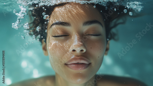 Close-Up Underwater Portrait Of A Woman With Eyes Closed Natural Lighting And Bubbles
