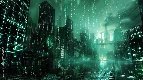 A futuristic city skyline illuminated by digital screens and binary code.