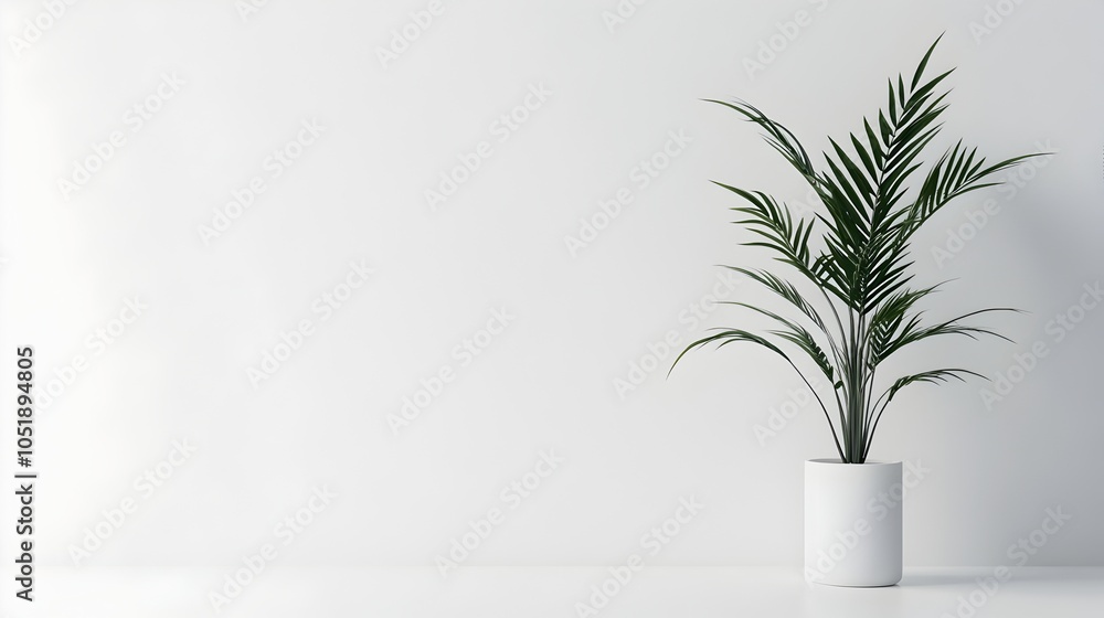 Minimalist White Background with Lush Green Plant Decor Providing Ample Copy Space for Product Minimalist White Background with Lush Green Plant Decor Providing Ample Copy Space for Product