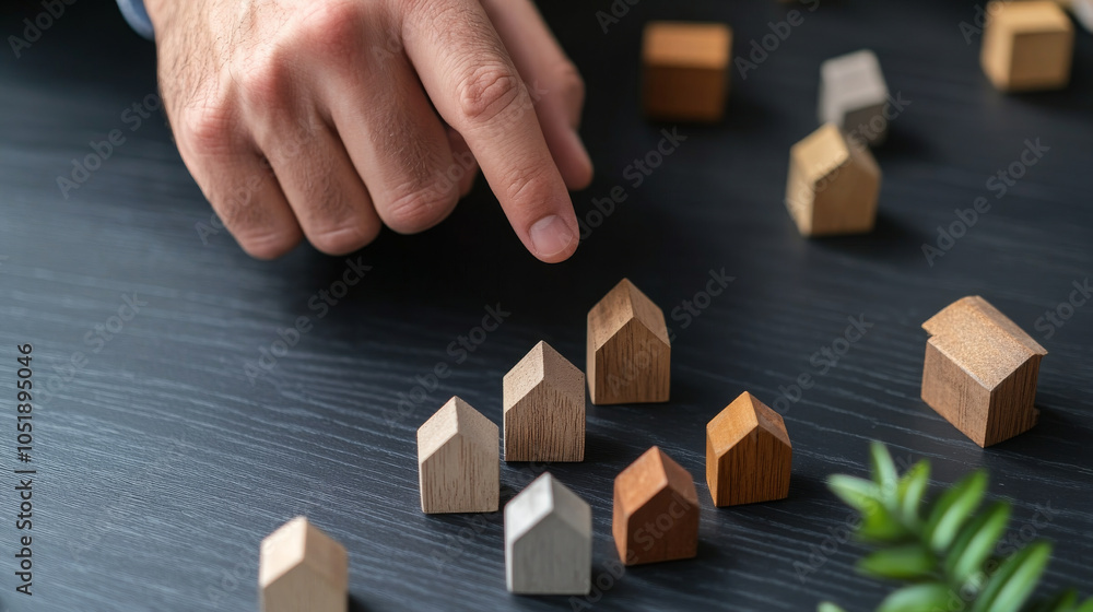 A hand pointing at wooden house models on dark surface, showcasing thoughtful selection process. scene conveys sense of planning and decision making A hand pointing at wooden house models on dark surface, showcasing thoughtful selection process. scene conveys sense of planning and decision making