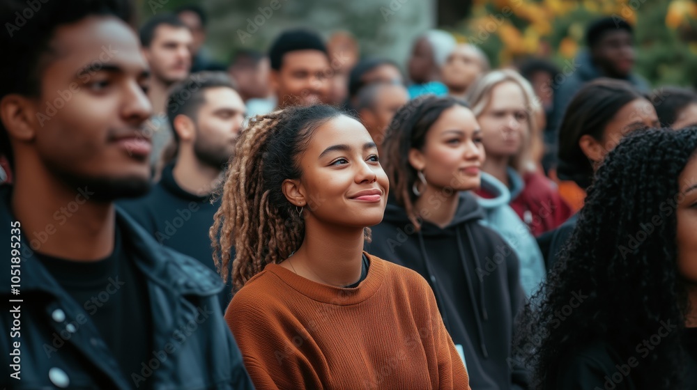 Diverse audience engaged in event, smiling woman in foreground, vibrant atmosphere Diverse audience engaged in event, smiling woman in foreground, vibrant atmosphere