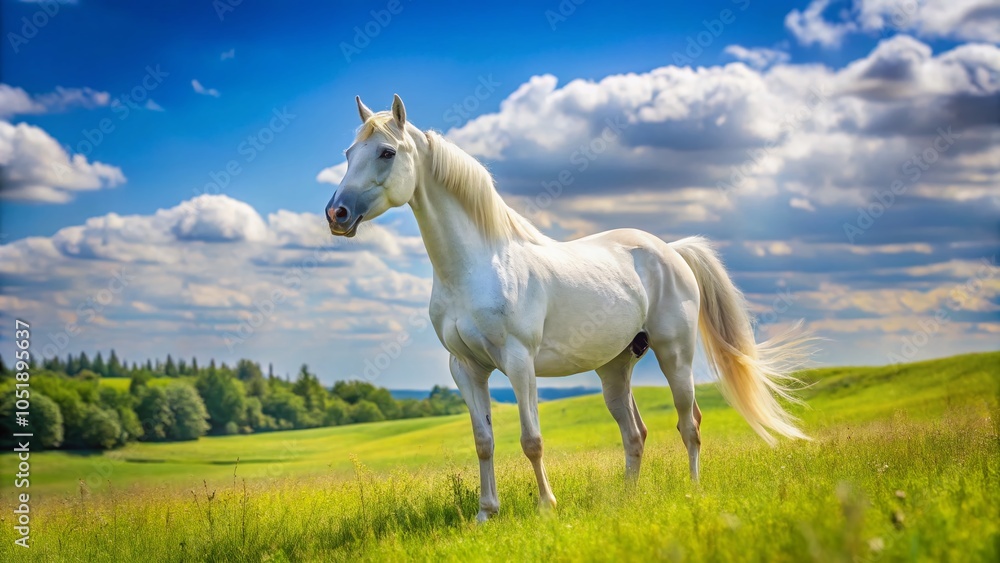 Elegant Arabian White Horse Grazing on Lush Green Grass in a Sunny Meadow Elegant Arabian White Horse Grazing on Lush Green Grass in a Sunny Meadow