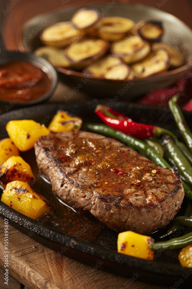 Delicious Large Steak with Green Beans, Peppers and Chutney Sauce.