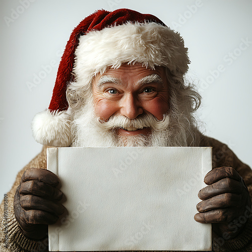 A Santa Claus with a white sign in his hands
