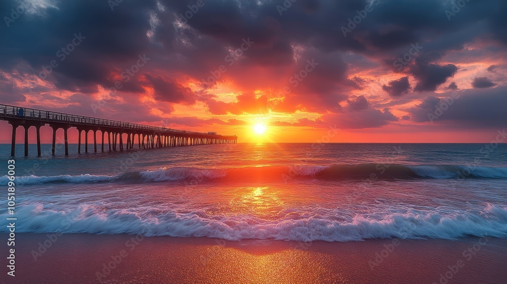 Naklejka premium A vibrant sunset over the ocean with a pier silhouette.