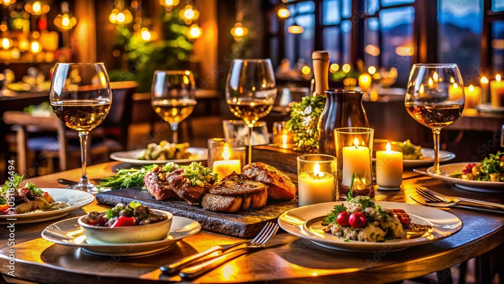 Fototapeta premium Elegant Dinner Experience at a Fancy Restaurant with Barbecue Delights on the Table