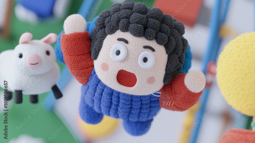 Naklejka premium The image shows a close-up of two plush toys. One toy is a character with curly black hair, wide eyes, and an open mouth, wearing a blue outfit with red sleeves