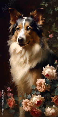 Collie dog portrait with roses by pieter franciscus dierckx - elegant canine painting for art lovers photo