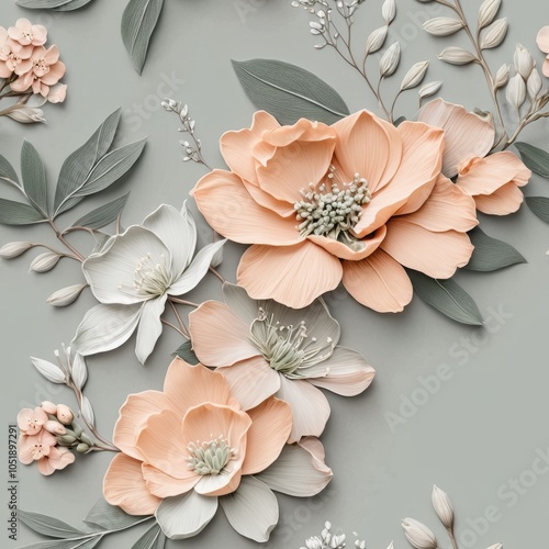 Beautiful seamless texture of soft peach and sage flowers