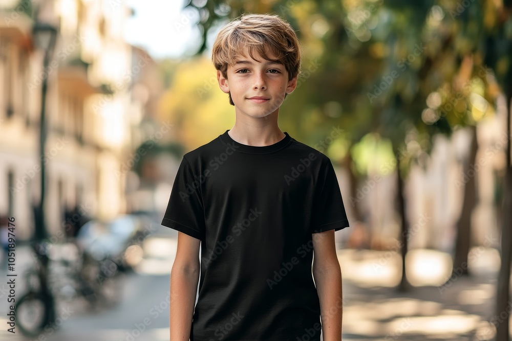 A young boy stands confidently on a sunlit street, embodying the essence of youth and optimism while surrounded by vibrant nature. A young boy stands confidently on a sunlit street, embodying the essence of youth and optimism while surrounded by vibrant nature.