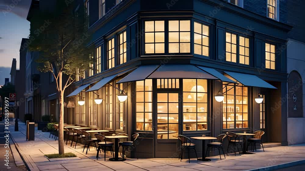 Charming Outdoor Café with Evening Ambiance and Lighting Charming Outdoor Café with Evening Ambiance and Lighting