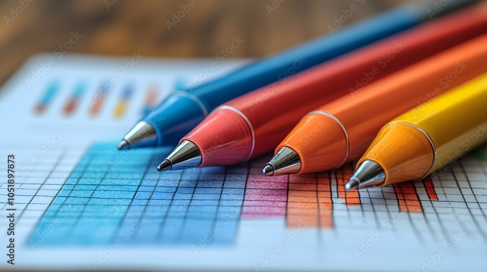 Highlighters and pens on graph paper with quarterly analysis of business growth Highlighters and pens on graph paper with quarterly analysis of business growth