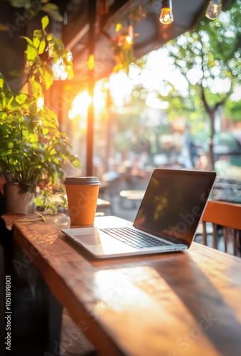 Wallpaper Mural A modern workspace with a laptop and a cup on a wooden table, sun streaming through the window, creating a warm and inviting atmosphere. Ideal for productive remote work. Torontodigital.ca