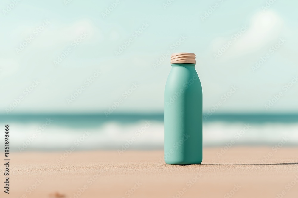 Turquoise water bottle on sandy beach with ocean background, blurred waves Turquoise water bottle on sandy beach with ocean background, blurred waves