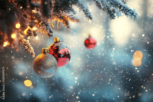 Christmas tree with colorful ornaments and twinkling lights, surrounded by a joyful family exchanging gifts and laughing in a cozy living room.