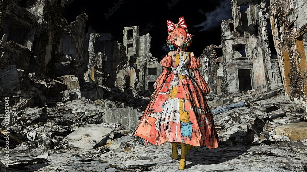 Anime girl standing in the ruins of a city. Anime girl standing in the ruins of a city.