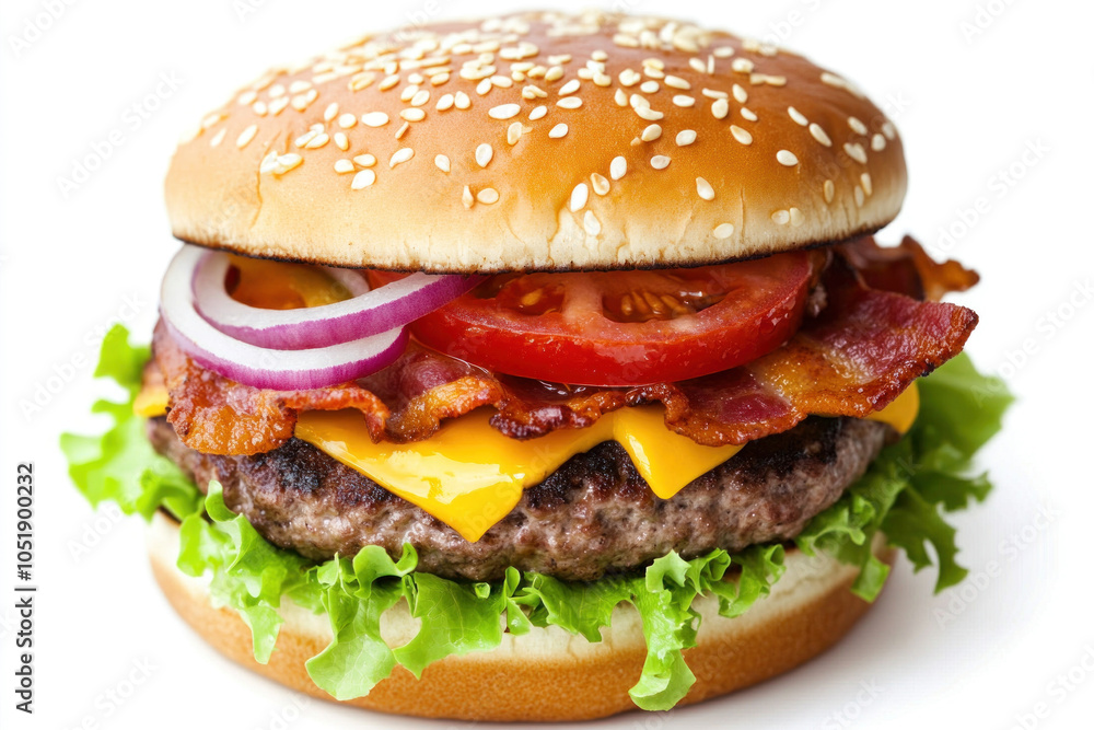 A hamburger topped with cheese, tomato, onion, and lettuce. A hamburger topped with cheese, tomato, onion, and lettuce.