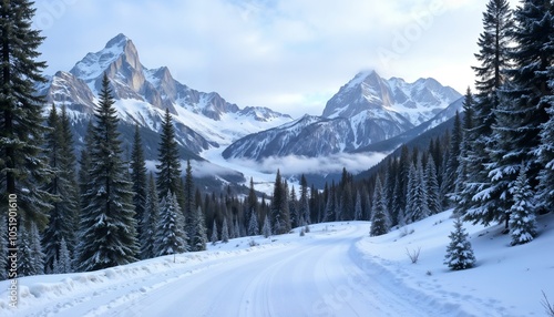 Snow-covered road through mountain forest in winter