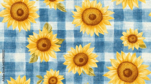 A seamless gingham design with small sunflowers and beach elements, evoking a summer vibe, bright yellow and blue tones, hd quality, natural lighting, textile design, warm and cheerful, photo