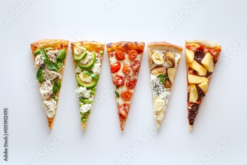 Five uniquely topped pizza slices arranged on a white background with fresh ingredients highlighting varieties for diverse taste preferences photo