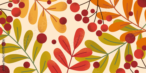 Autumnal template in modern style. Grainy texture leaves and berries of rowan. For wallpaper, background, cover, label, advertising.