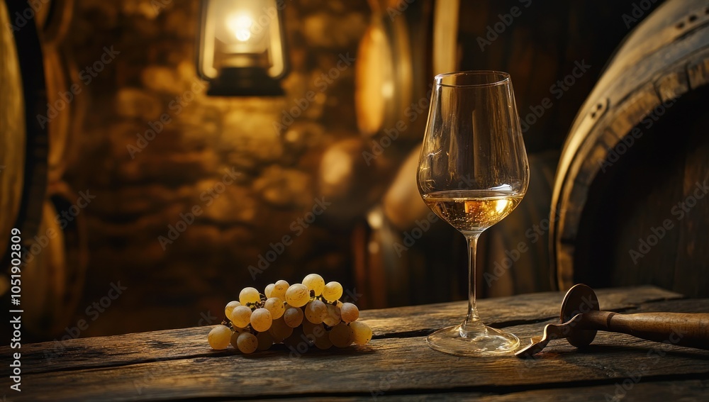Wine Glass with Grapes in a Cellar Setting Wine Glass with Grapes in a Cellar Setting