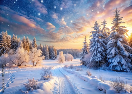 Serene Long Exposure of a Snowy Russian Winter Landscape with Tranquil Paths and Glistening Snowflakes