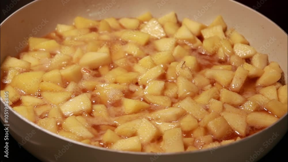 Cooking Apples with Butter, Brown Sugar, and Cinnamon in a Pan - Close-Up Cooking Apples with Butter, Brown Sugar, and Cinnamon in a Pan - Close-Up