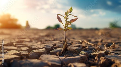 Global warming and climate changing concept. Green plant growth in cracked soil ground land.