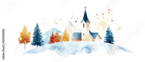 Snow globe with church in snowy village, white background, soft glow, watercolor style photo