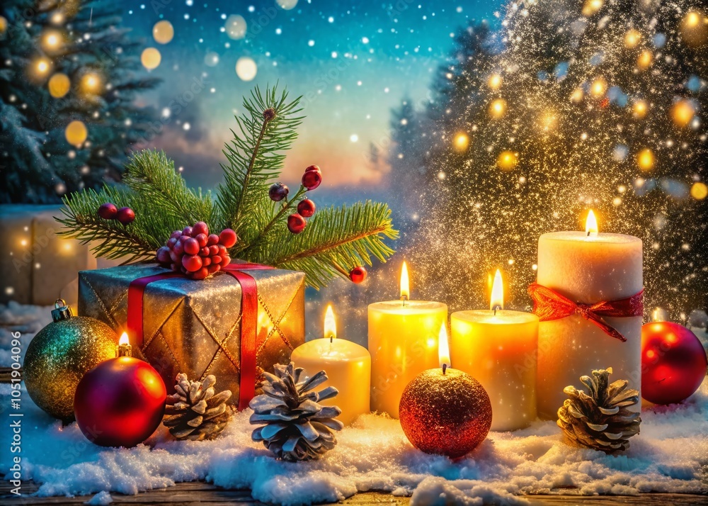 Festive Double Exposure of Christmas Decorations with Candles and Gifts in Winter Wonderland Festive Double Exposure of Christmas Decorations with Candles and Gifts in Winter Wonderland